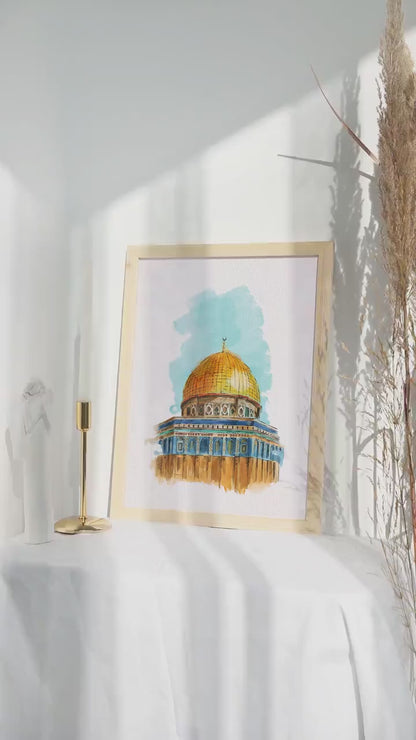 Watercolor Dome of the Rock – Printable Digital Wall Art | Jerusalem Islamic Architecture Poster | Instant Download